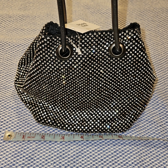Black & Silver Mini Bucket Bag Crossbody Cinch w/Diamond Encrusted Detail - Picture 4 of 7